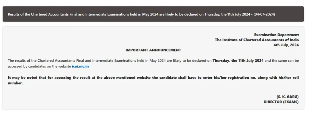 icai official notification of ca inter may results