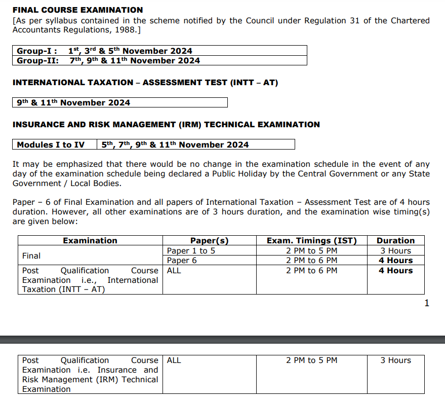 Official Notification Screenshots CA Final November 2024 Exam Dates