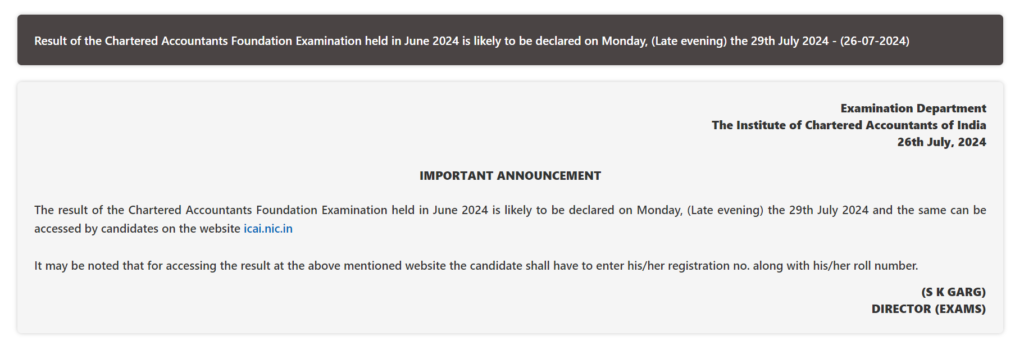 official notification by ICAI for CA Foundation Exam results