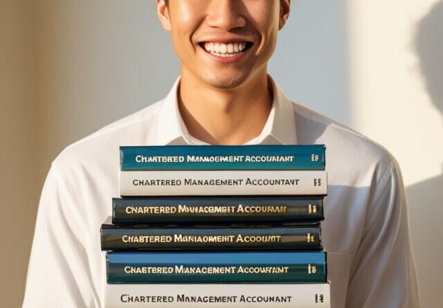 A student confidently holding CMA books and smiling