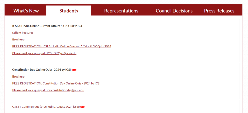 Now find the notification 'ICSI All India Online Current Affairs & GK Quiz 2024'
